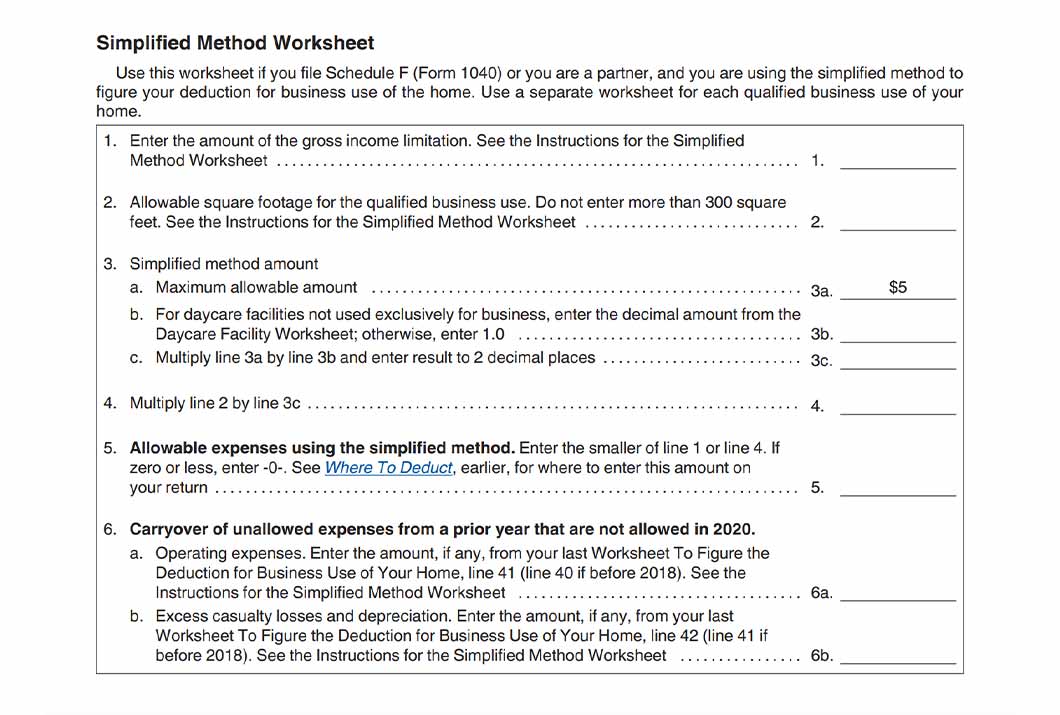 RS Simplified Method Worksheet to calculate the home office tax deduction for the business use of a home