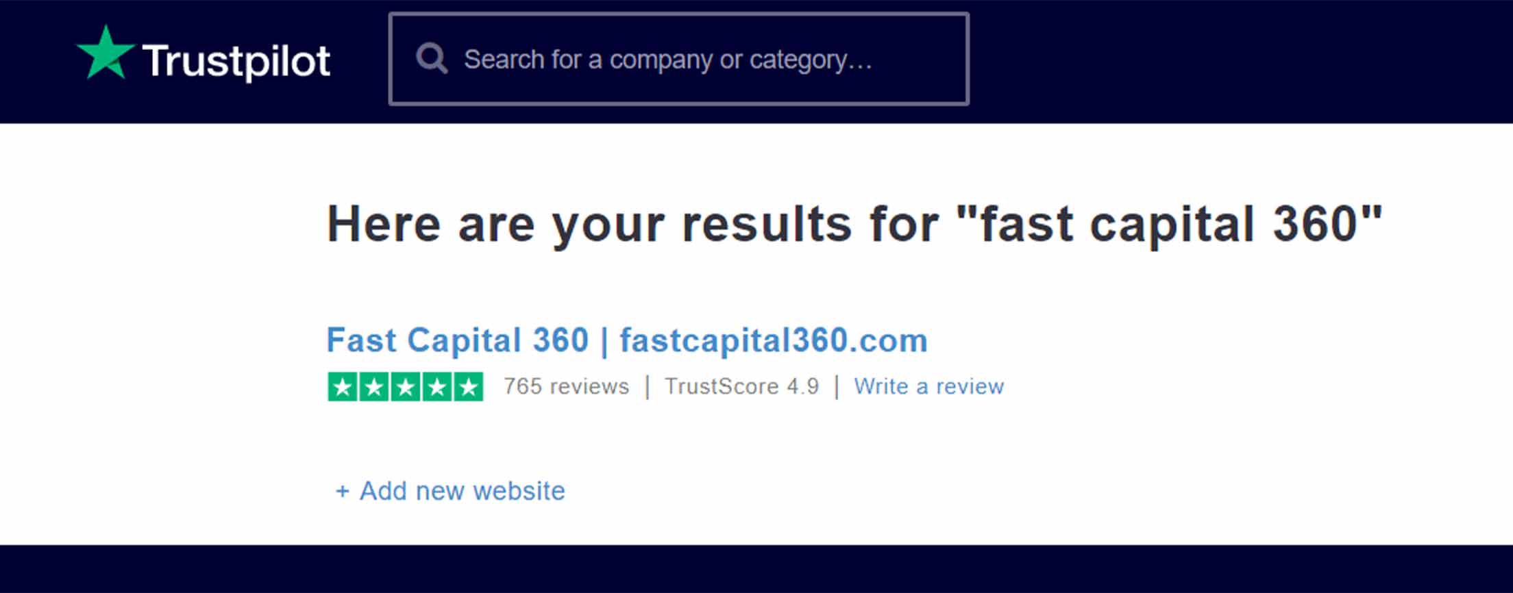 Trustpilot’s website showing ratings for Fast Capital 360, which has earned 5 stars out of 765 reviews.