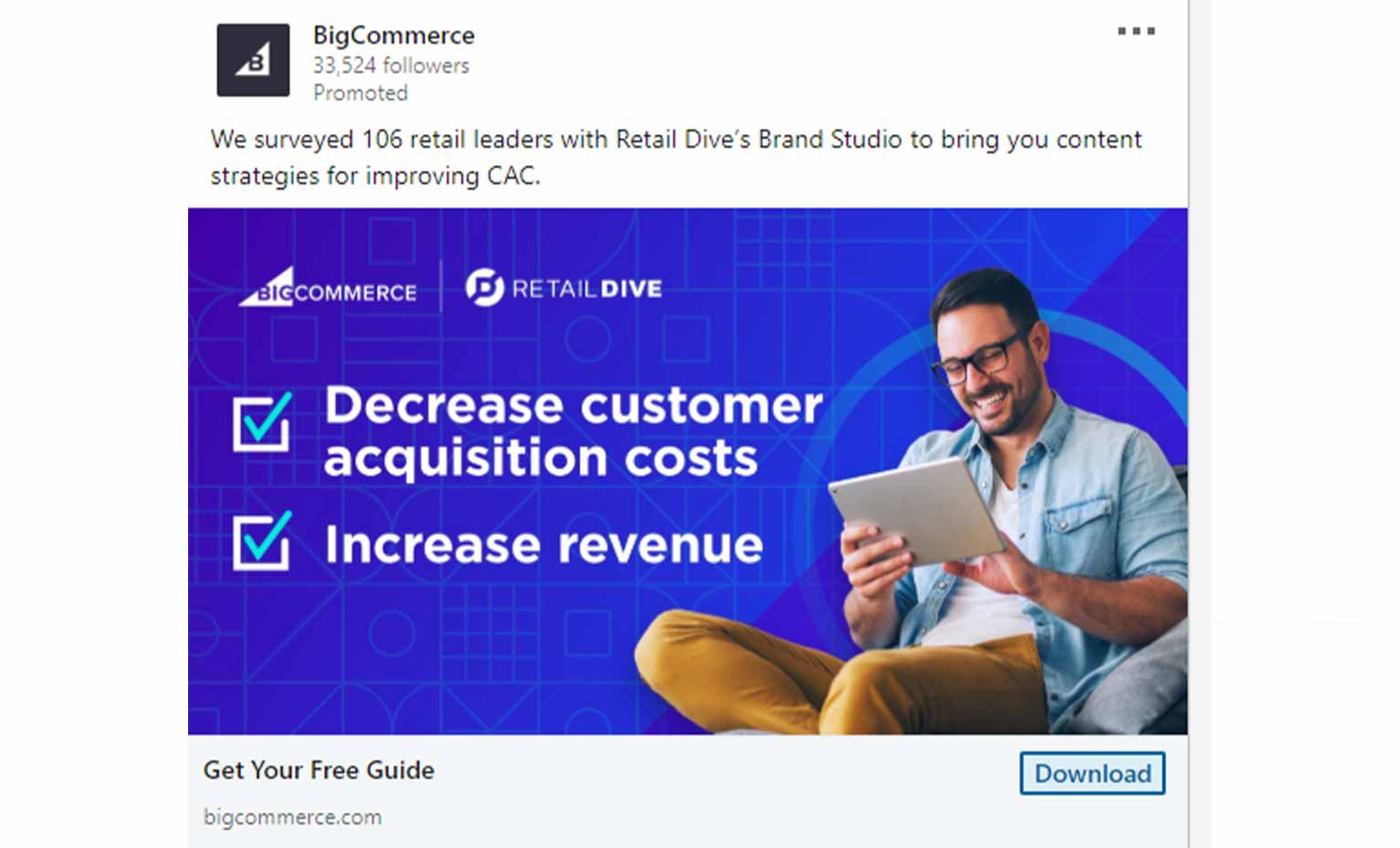 A promoted ad on LinkedIn run by the e-commerce site, BigCommerce.