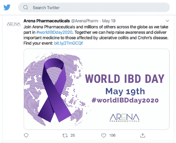 Example Facebook ad showing how Arena Pharmaceuticals spreads awareness for their cause.