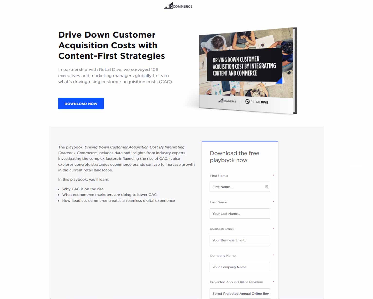 A LinkedIn ad lead form page to download a white paper entitled â€śDrive Down Customer Acquisition Costs with Content-First Strategies.