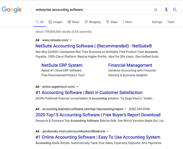 Search engine ads like this example from Google allow companies to directly target consumers looking for their products or services.