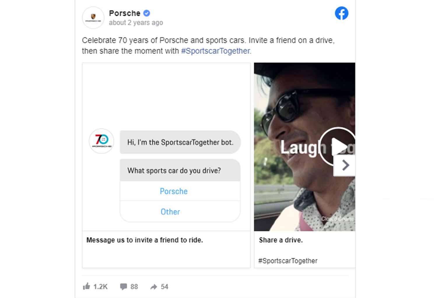 Paid Porsche ad on Facebook with a picture of a man with sunglasses smiling.