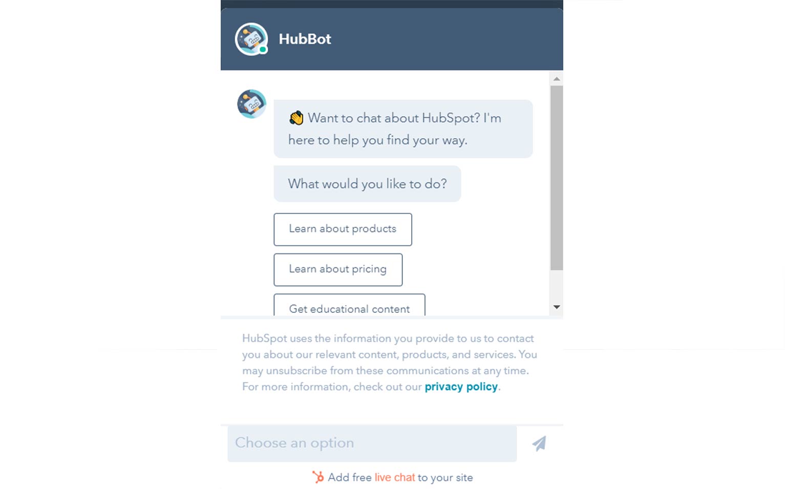 HubSpot’s chatbot has clickable buttons with options to help users find the information they need, whether products, pricing or educational content.