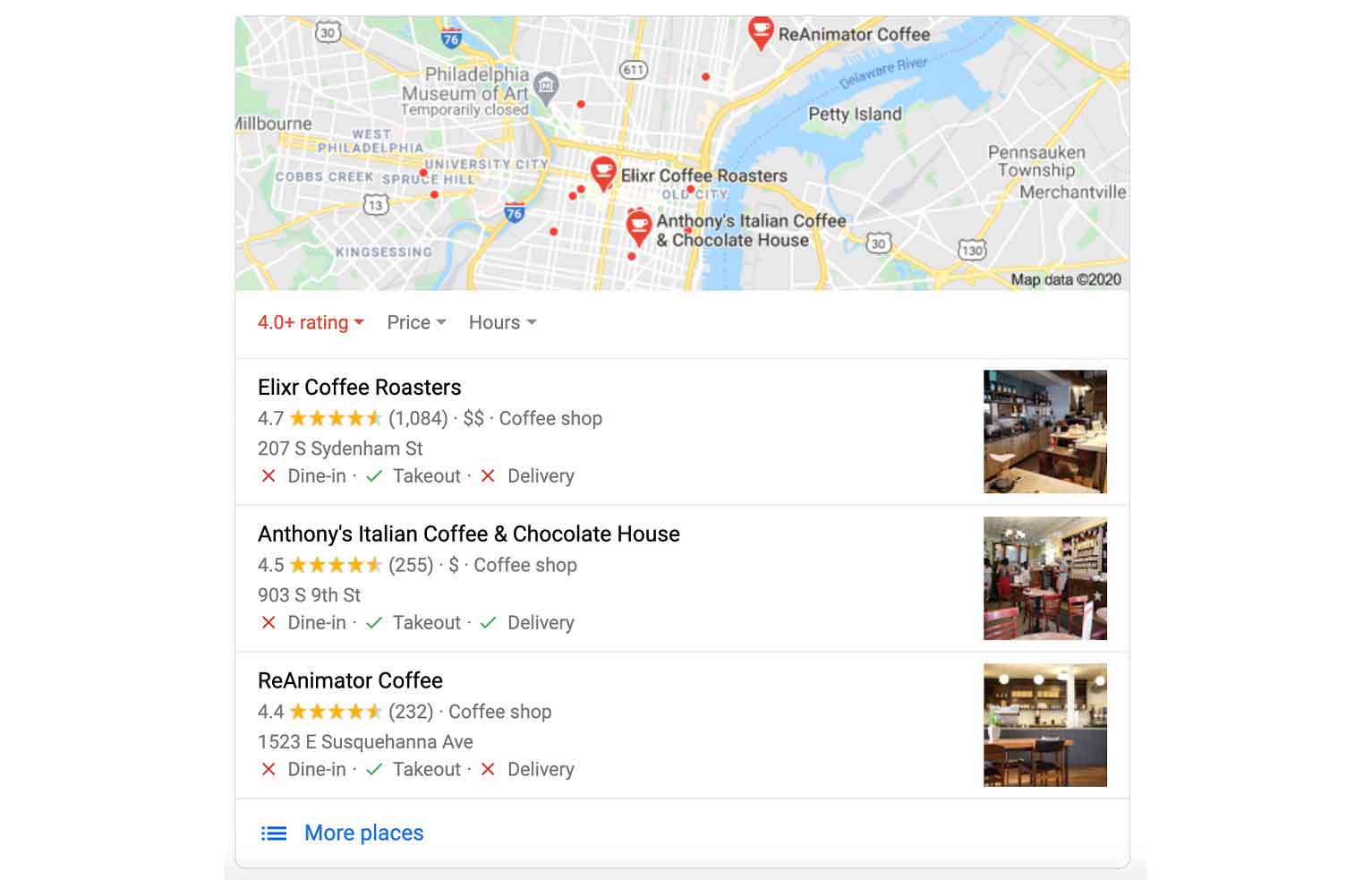 Google results for “best coffee shop” show local results to match what the user is looking for.