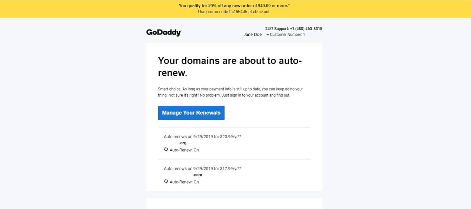 Subscription renewal email from GoDaddy, notifying customer that purchased domains are about to auto-renew.