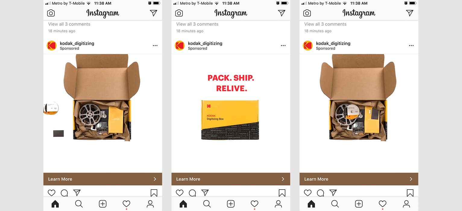 Paid ad on Instagram featuring Kodakâ€™s Digitizing shipping box with film reels and camcorder packed for conversion to digital.