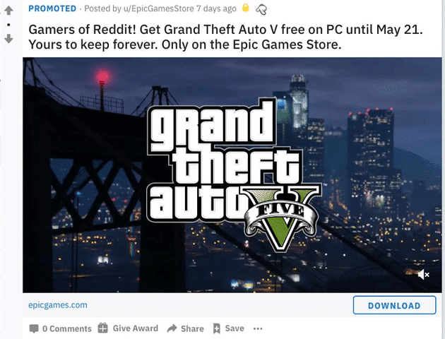 This Grand Theft Auto ad on Reddit targets qualified leads that are passionate about video games.