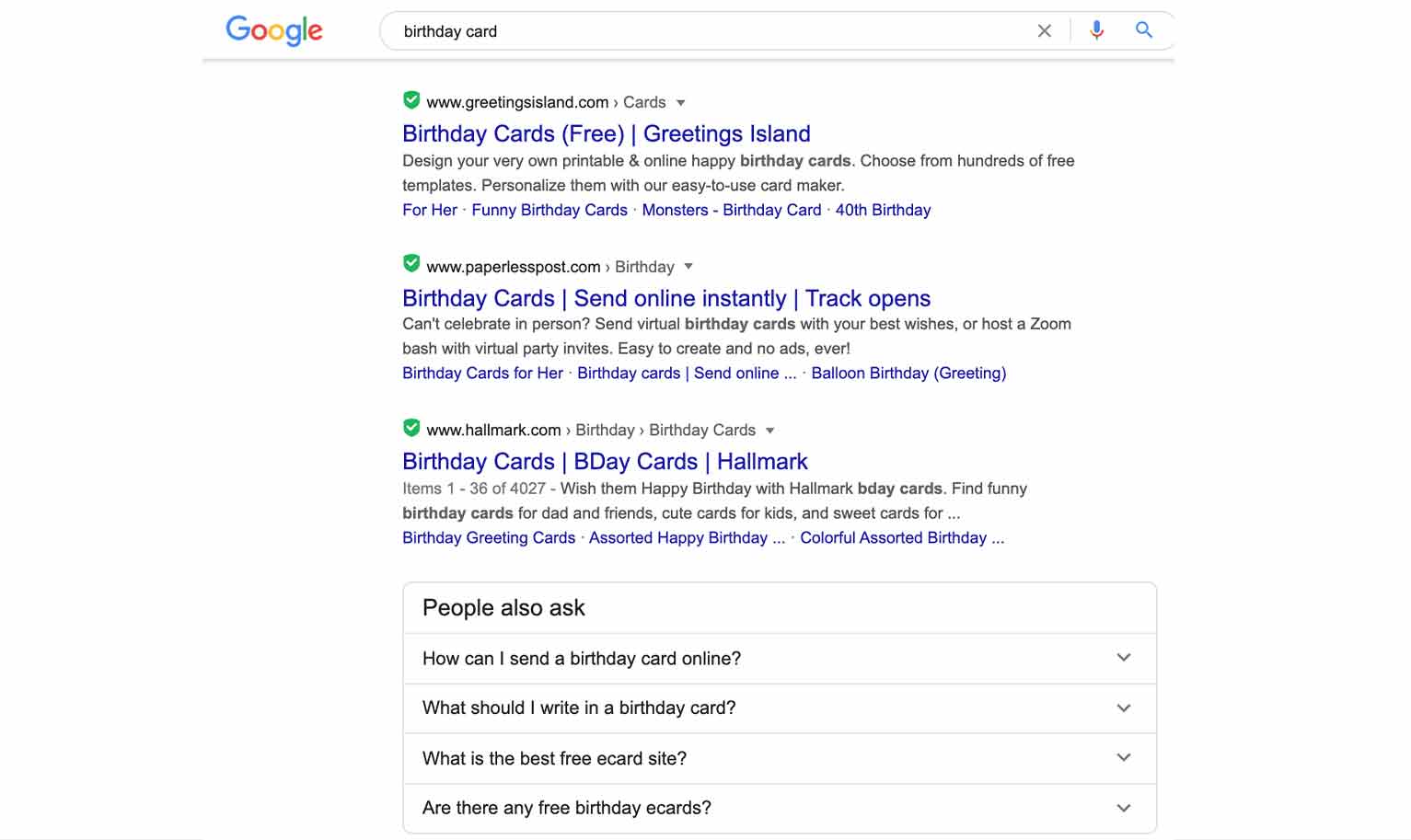 A search for “birthday card” on Google results in a mix of options.