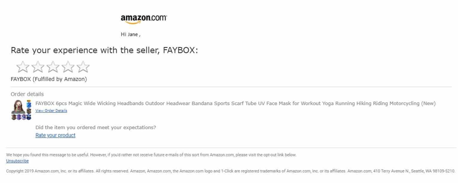 A "rate your experience" email from Amazon, showing an image and a description of the item purchased along with a link to give the rating.