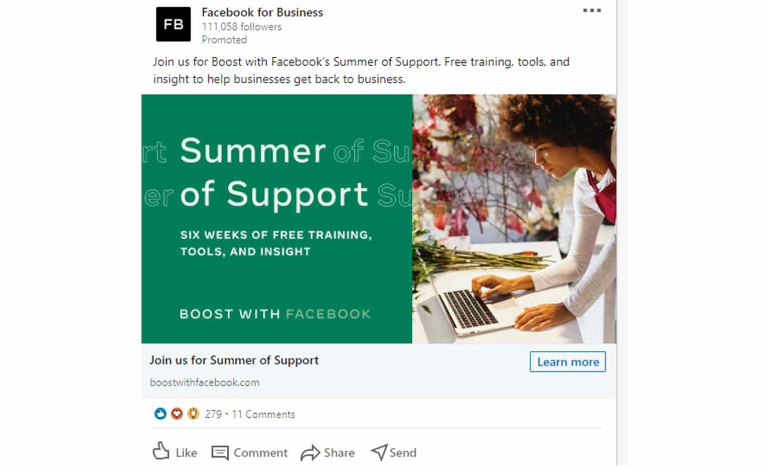 Facebook Business's paid ad on LinkedIn for its Summer of Support training program.