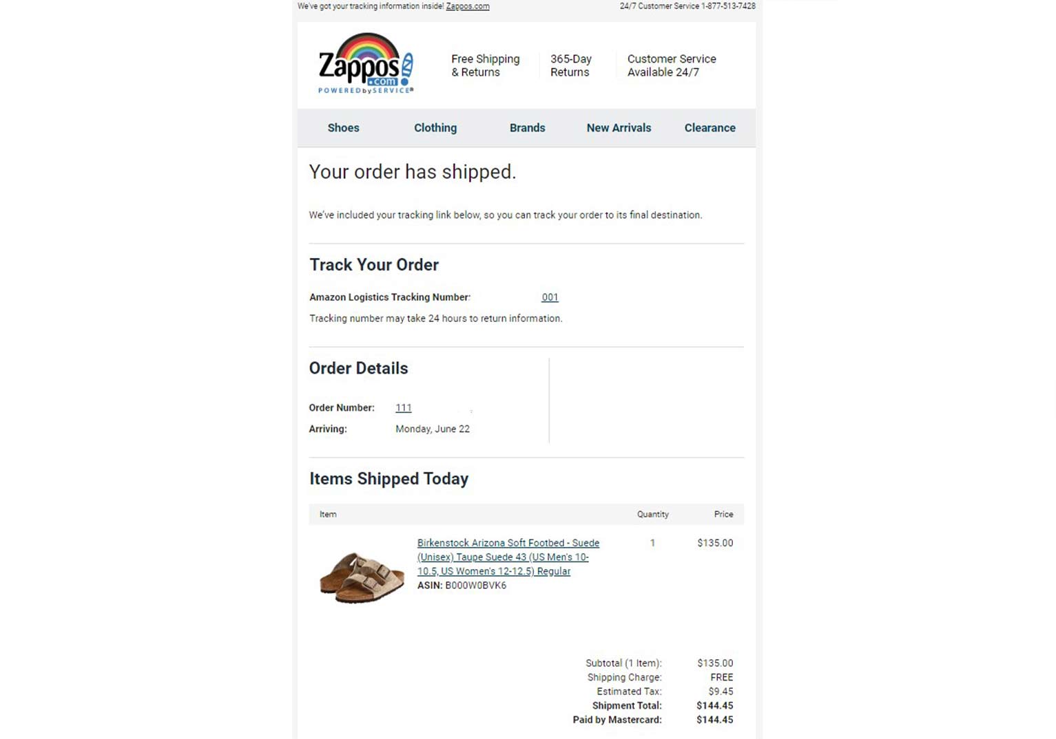 Order shipment notification email from Zappos, showing the order name, image of item, price and link to track the order.