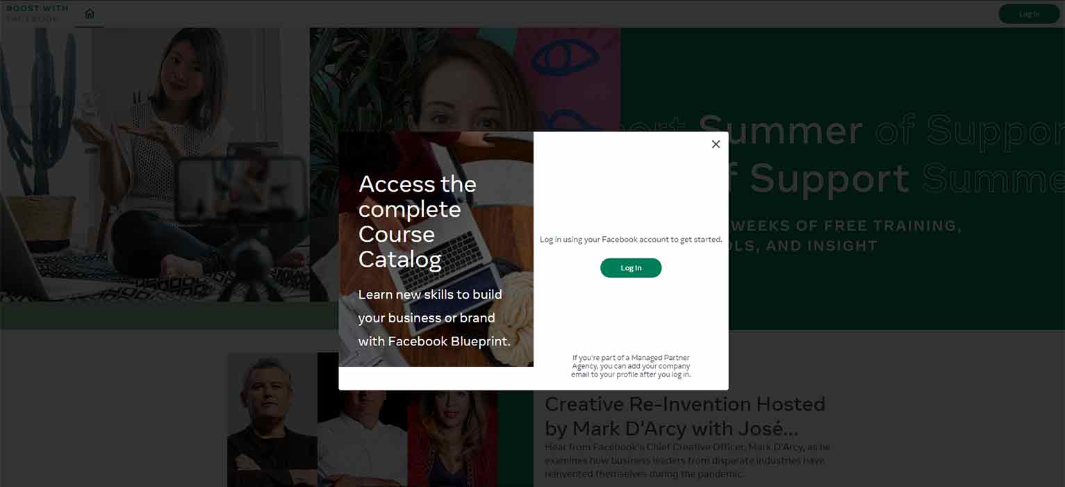 Facebookâ€™s paid ad on the LinkedIn login page to access the course catalog for its Summer of Support program.