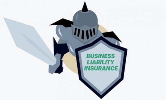 A knight holds a shield that reads “Business Liability Insurance.”