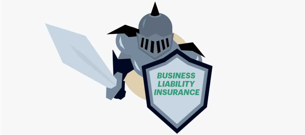 A knight holds a shield that reads “Business Liability Insurance.”