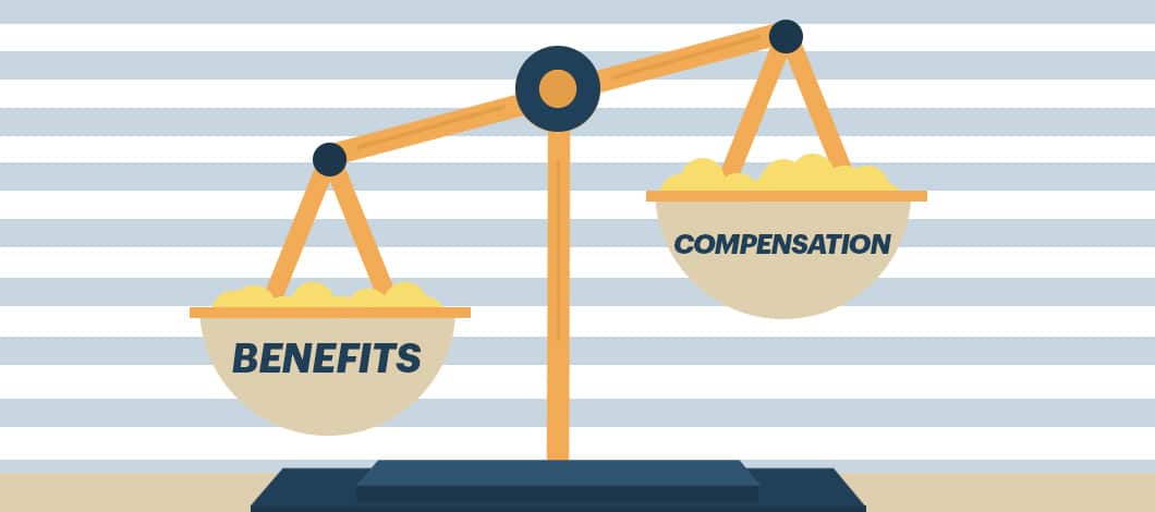 “Benefits” and “Compensation” are weighed on a scale.
