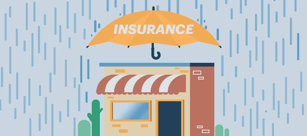 An umbrella labeled “Insurance” shields a small shop from rain.
