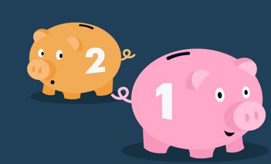 A pink piggy bank with the number 1 on it and an orange one with the number 2 on it