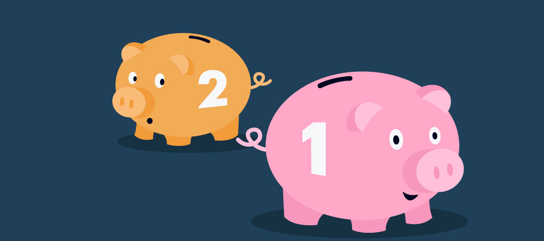 A pink piggy bank with the number 1 on it and an orange one with the number 2 on it
