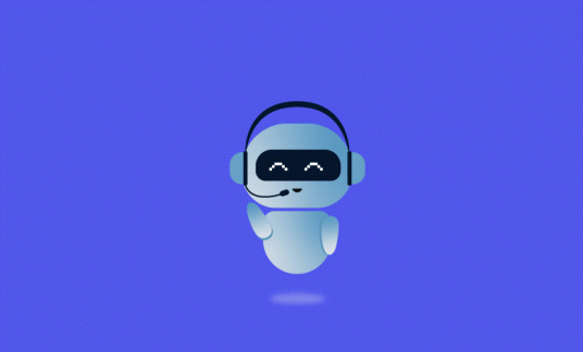 A cute chatbot robot wears a phone headset and says “Hello.”