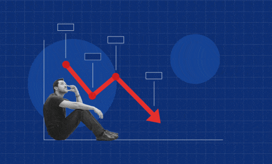 A frustrated man sits at the bottom of a bar chart with a line trending down, but a hand with an extended finger sends the line upward.