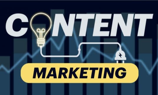 Letters form the words “Content Marketing,” except the “O” is a light bulb with a cord that is about to plug into “Marketing.”