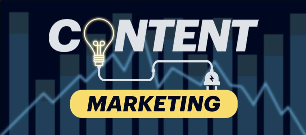 Letters form the words “Content Marketing,” except the “O” is a light bulb with a cord that is about to plug into “Marketing.”