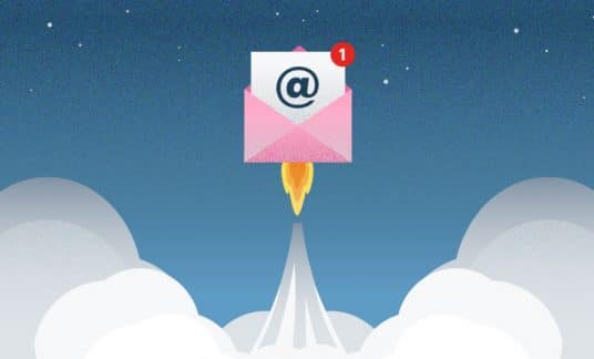 A promotional email launches into the sky like a rocket.