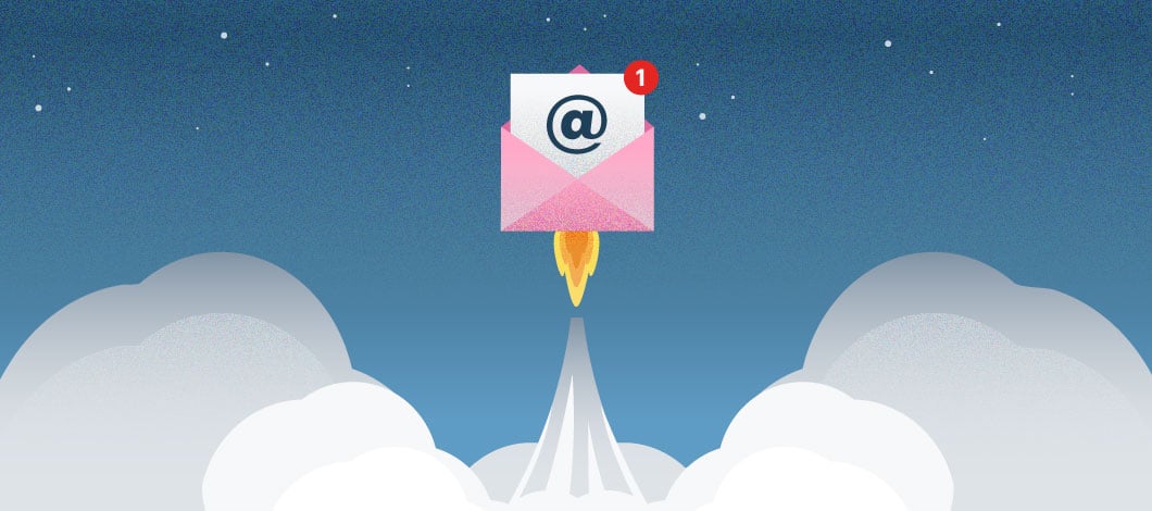 A promotional email launches into the sky like a rocket.