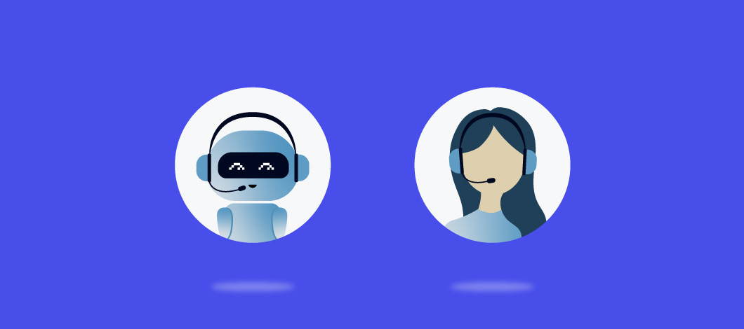 A cute chatbot robot with a headset is next to a human customer representative with a headset.