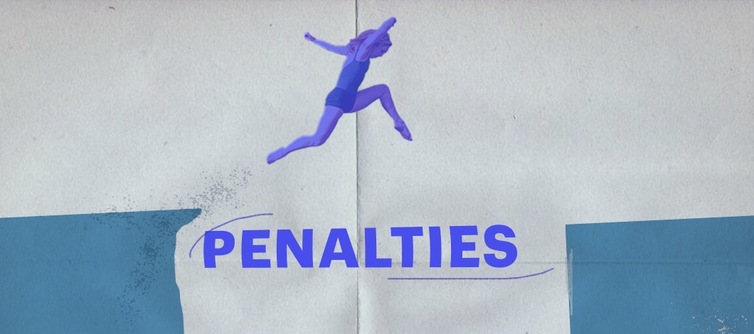 A woman leaps over a pit labeled “Penalties.”