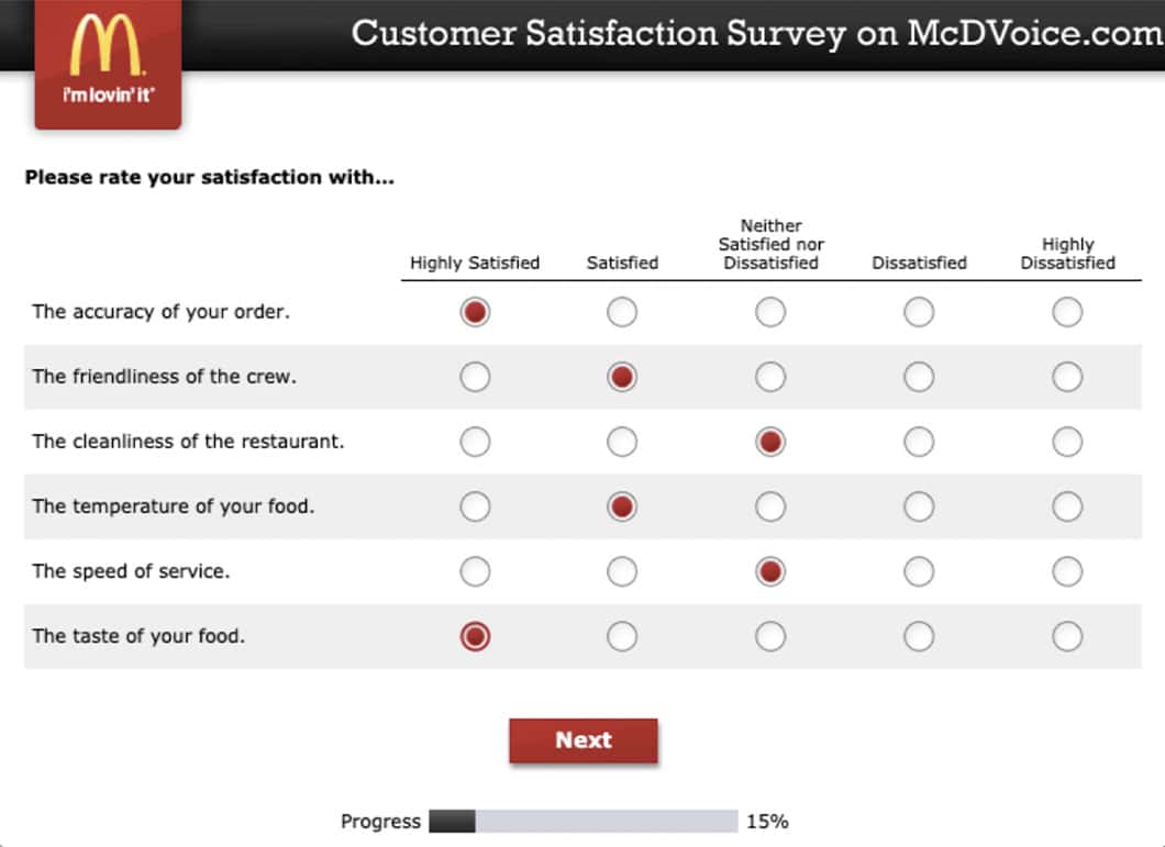 By using a structured approach, you can easily turn millions of responses into actionable data, such as this survey from McDonald's with multiple-choice answers.