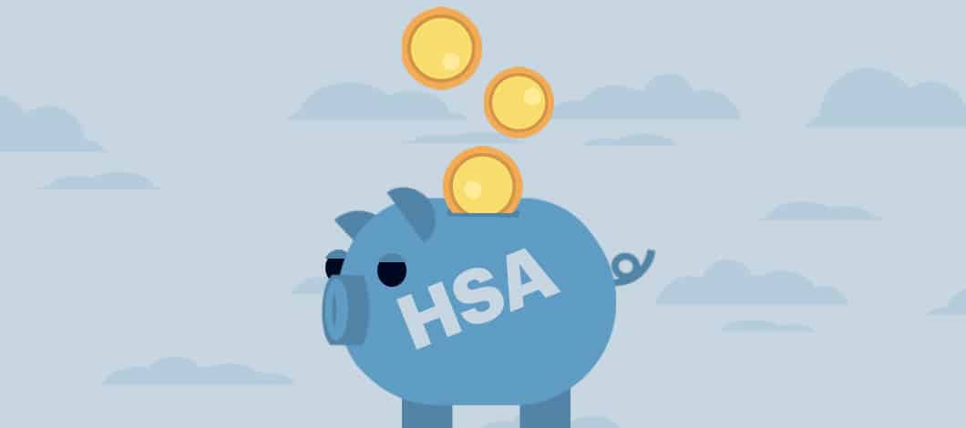 Coins drop into a piggy bank labeled “HSA.”