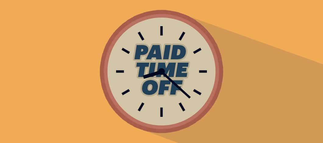 A wall clock has the words “Paid Time Off” on its face.