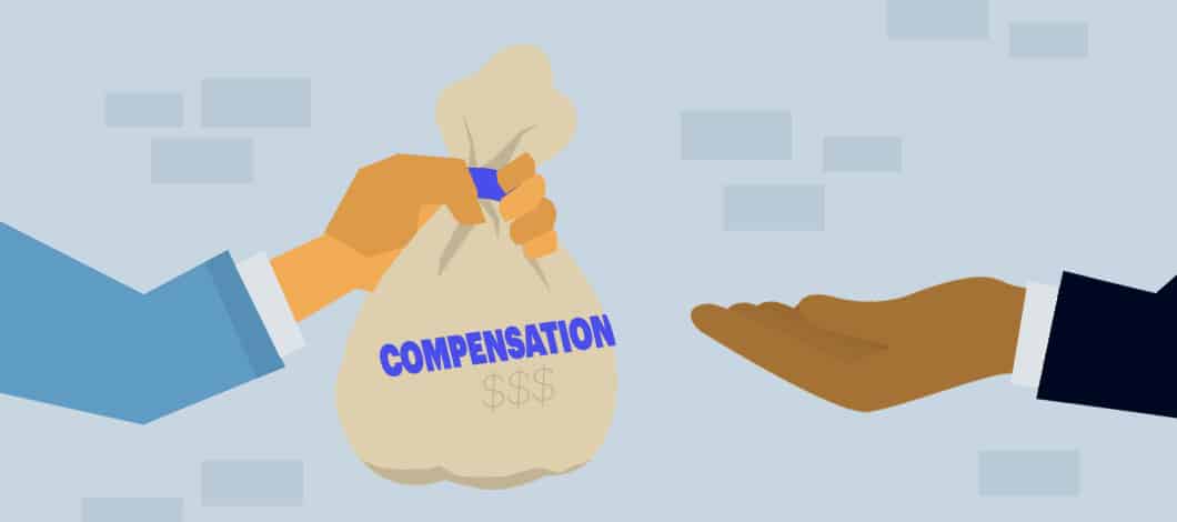 One hand passing over a sack of cash labeled “Compensation” to another hand (a different person).