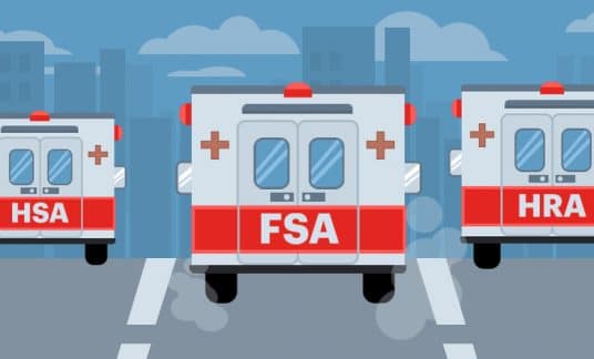 Three ambulances, one labeled “HSA,” the other “FSA” and the last “HRA,” race down a city street.