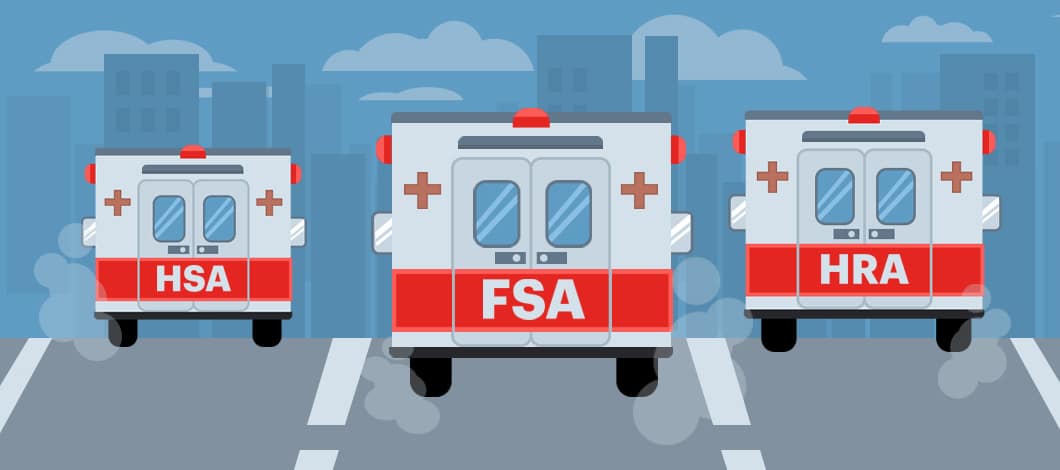 Three ambulances, one labeled “HSA,” the other “FSA” and the last “HRA,” race down a city street.