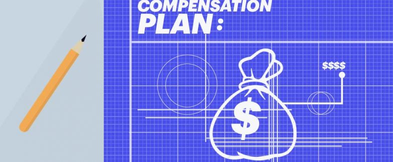 A blueprint labeled “Compensation Plan” depicts an outline of a sack of cash marked with a dollar sign.