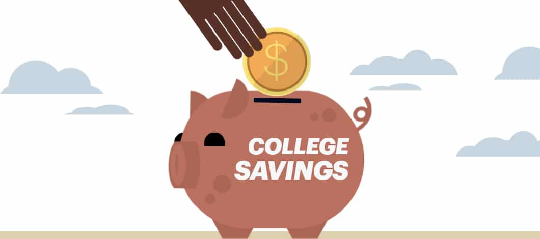 A hand puts money into a piggy bank labeled “College Savings.”