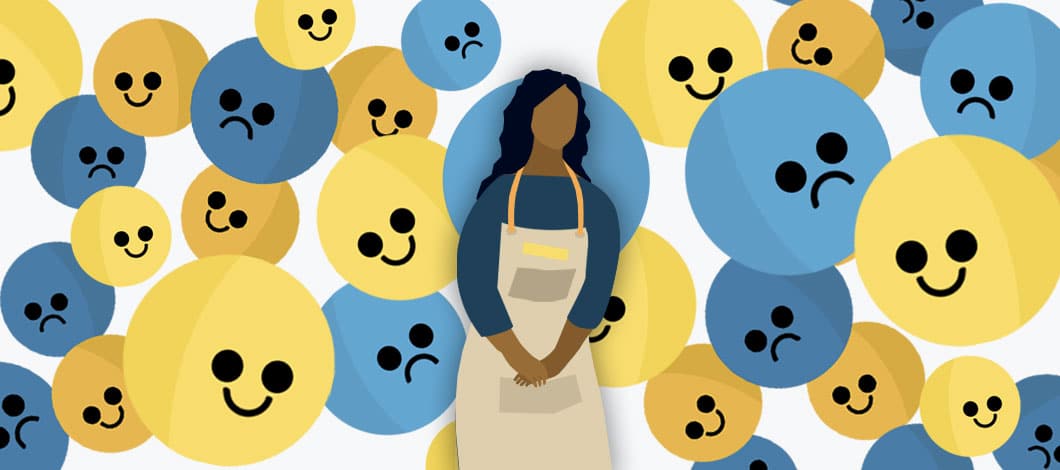 A small business owner is surrounded by happy face and sad face emojis.