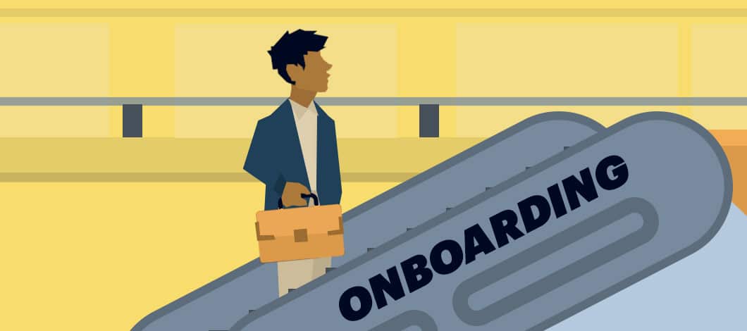 An employee rides up an escalator labeled “Onboarding” to another floor.