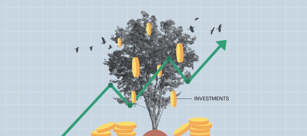 Image of a tree with coins and a gree line graph trending up with the word “investments”
