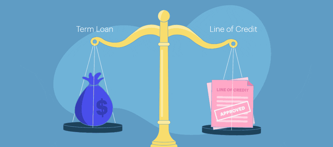 Scale with a bag of money on one side with the words “term loan” and a line of credit document on the other side with the word “approved”