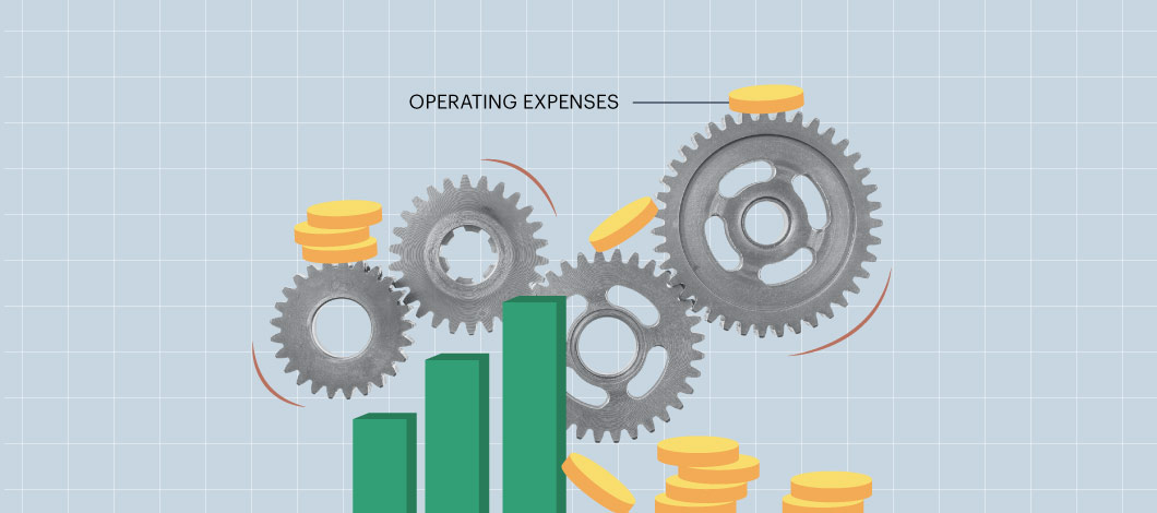 Several gear cogs turning with coins all around and green bar charts below with the words “operating expenses”