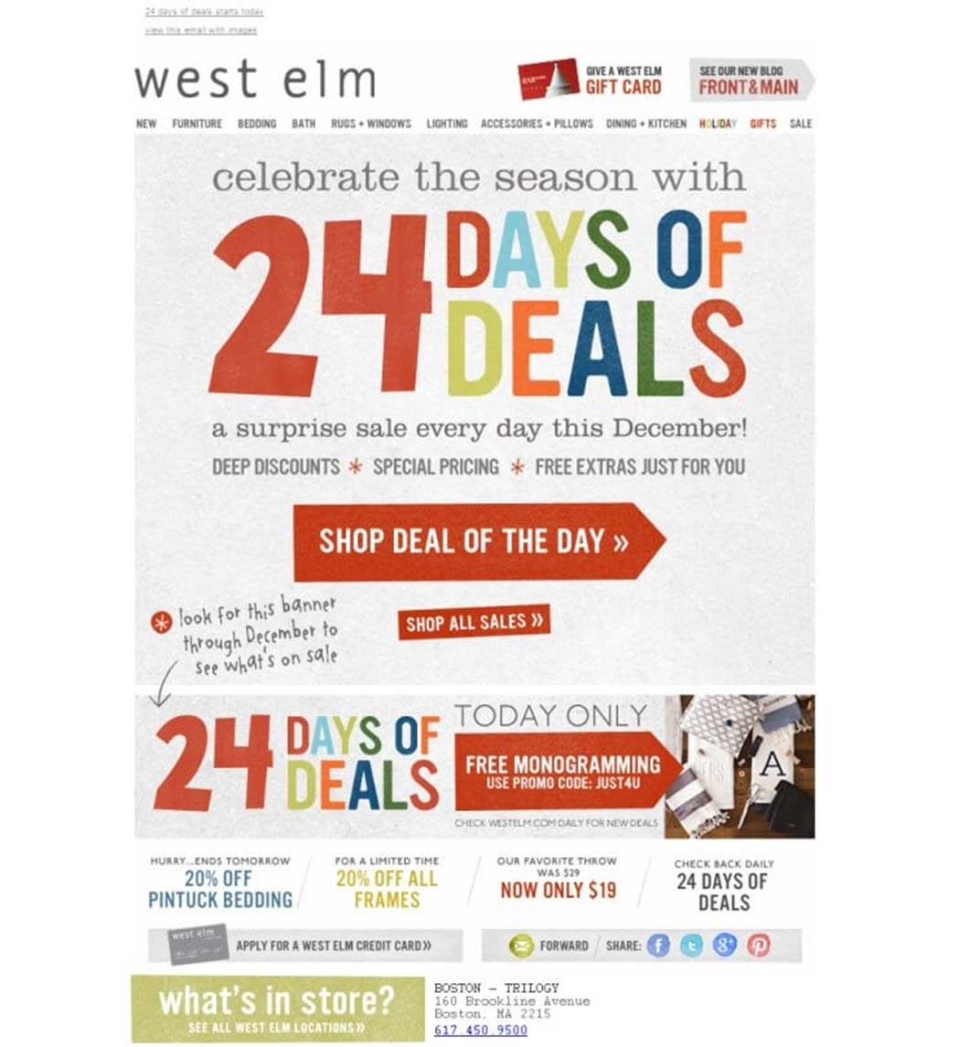 West Elm’s “12 Days of Christmas'' campaign featured limited-time offers that incite urgency.