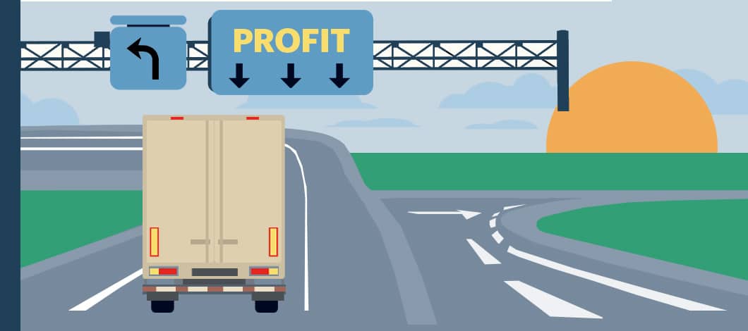 We see the back view of a cargo truck on a highway. A sign above reads “Profit.”