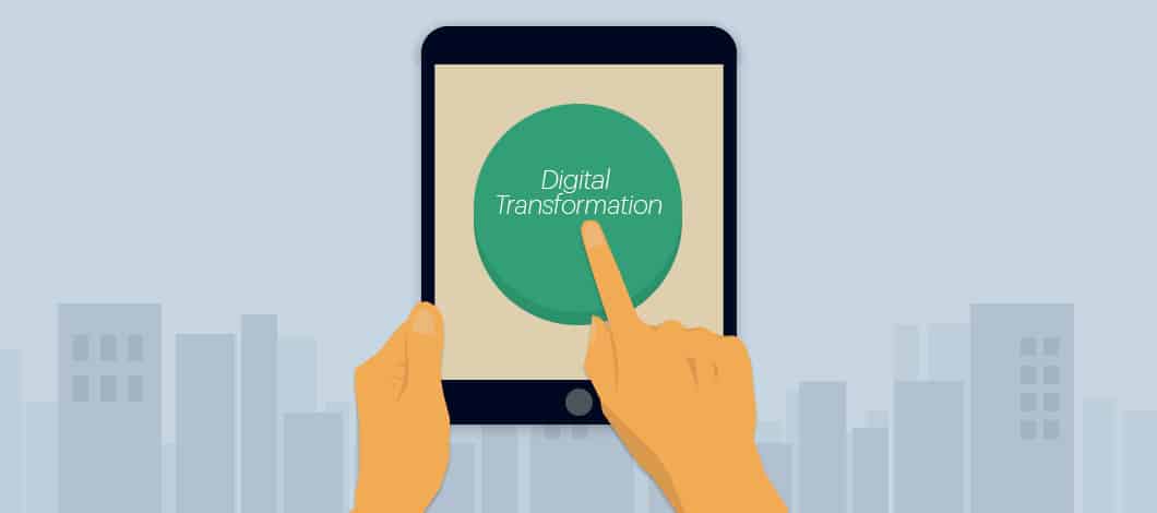 A finger is about to press a green circle on a computer tablet touch screen that is labeled “Digital Transformation.”