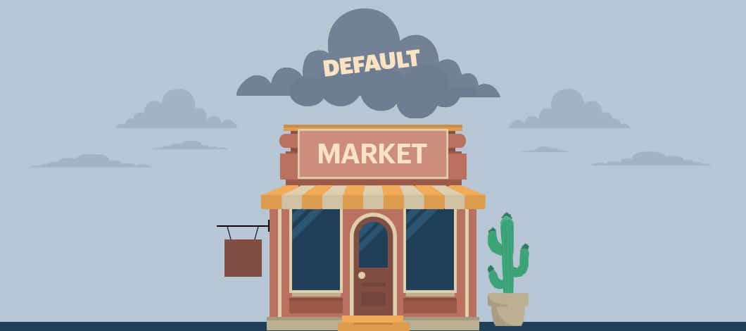A dark cloud labeled “Default” looms over a small shop labeled “Market.”