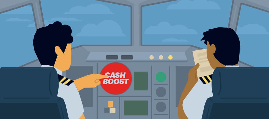 An airplane pilot in a cockpit is about to push a big bright red button labeled “Cash Boost.” 