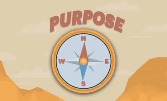 A compass points north to “Purpose” up in the sky.